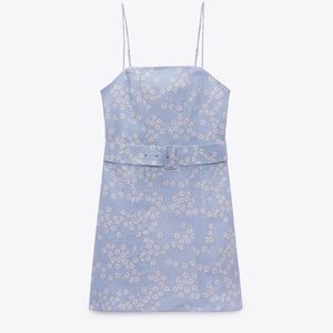 NWT ZARA pale blue floral linen belted mini dress